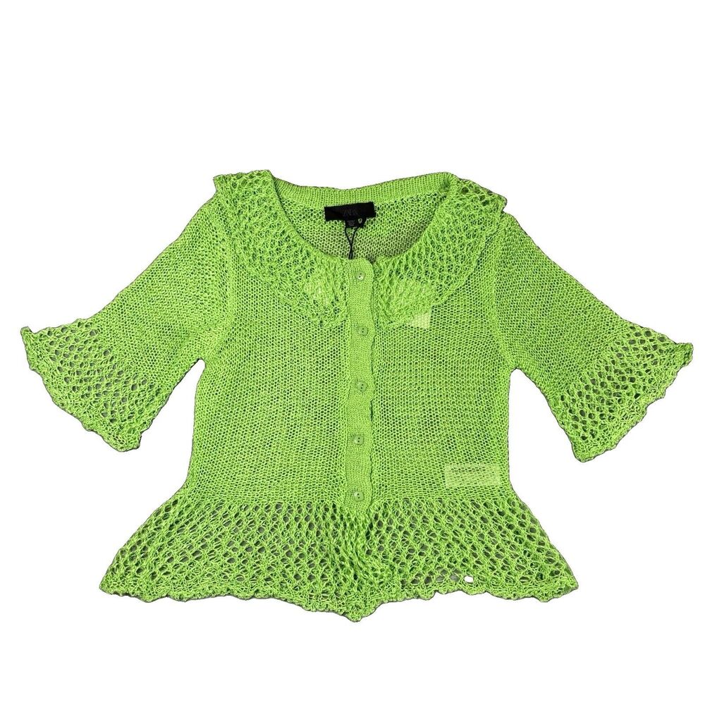 NWT Zara Lime‎ Green Open Knit Crochet Cardigan Peter Pan Collar Bell Sleeve S